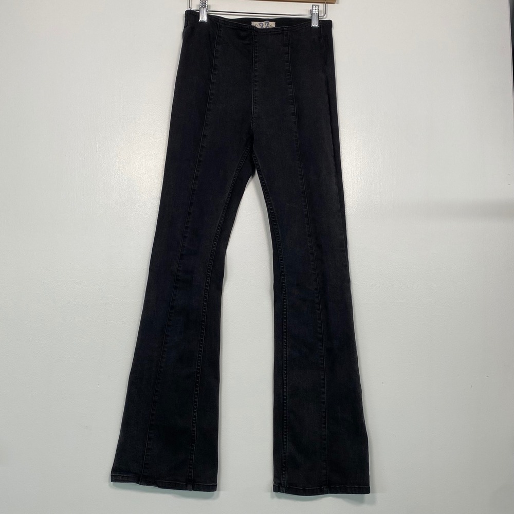 Free People We The Free Women Flare Jeans 27 Black Pull On High Rise Slim Seam
